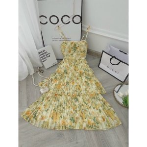 Váy hoa nhí đuôi cá nhún eo họa tiết hoa vàng tay phồng cách điệu dáng dài dự tiệc,công sở xinh đẹp XUKA DRESS DT038-5