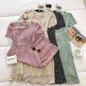 Váy hoa nhí vintage cổ vuông ngắn tay, Đầm vintage dáng dài - Dorita Boutique-9