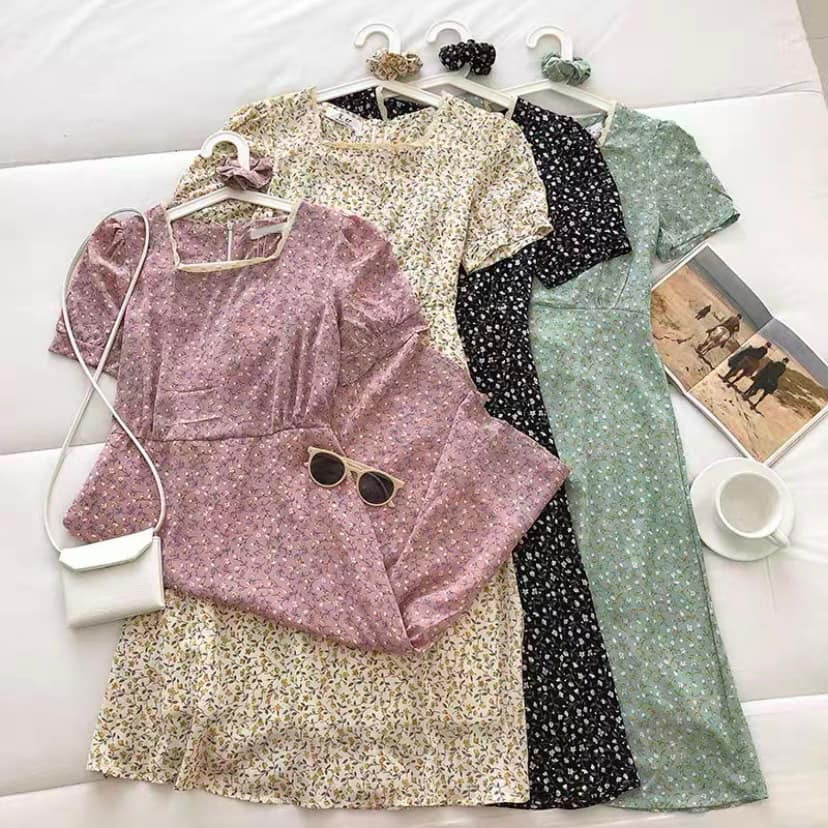 Váy hoa nhí vintage cổ vuông ngắn tay, Đầm vintage dáng dài - Dorita Boutique-9