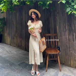 Váy hoa nhí vintage, đầm hoa cổ vuông xẻ tà phong cách Hàn Quốc xixeoshop - v84-5