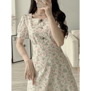 Váy hoa nhí dáng xòe trên đầu gối cổ vuông tay voan đính cúc dừa chất liệu thô lụa mềm mịn thiết kế Eva Lover-2