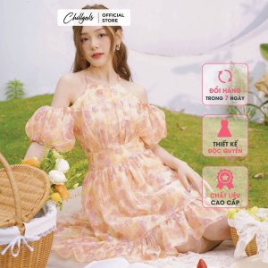 Váy trễ vai dây yếm hoa cam xòe bồng Cherry Berry Dress Chillgals - V037-2