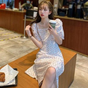 Váy Đầm Tay Ngắn Cổ Vuông Họa Tiết Hoa Xinh Xắn Cho Nữ-2