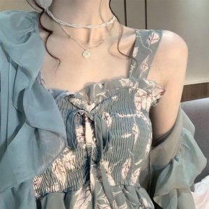 Set Áo Thun Ngắn Tay Và Đầm Dây In Hoa Chất Liệu Chiffon Thời Trang Trẻ Trung-8