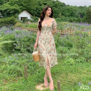 Váy Hoa Nhí Vintage Dáng Dài Cổ Bèo Vải Tơ Lụa Cao Cấp V225-7