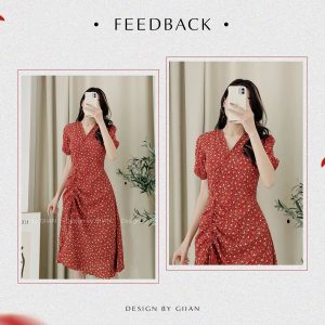 Váy hoa nhí tay bồng đuôi cá thiết kế GIIAN, đầm nữ công sở ngắn tay cổ V rút dây dáng dài G-V2156-7