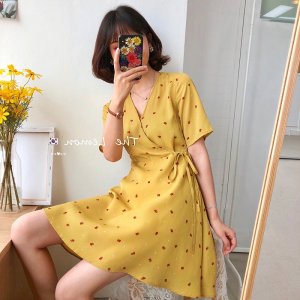 Xiaozhainv (3C) Váy Hoa Tay Ngắn Cổ Chữ V Size M-4Xl-3