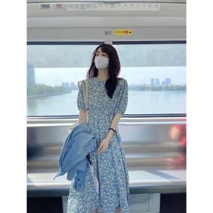 Váy hoa nhí xanh vintage chun eo tay bồng dáng dài siêu xinh-4