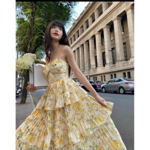 Váy hoa nhí đuôi cá nhún eo họa tiết hoa vàng tay phồng cách điệu dáng dài dự tiệc,công sở xinh đẹp XUKA DRESS DT038-3