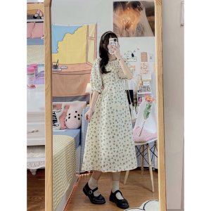 Đầm trắng hoa nhí cỏ 4 lá may mắn body cổ cúc dọc tay ngắn ulzzang , Váy nữ vintage thiết kế dự tiệc-4