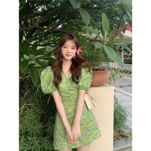 Váy Hoa Xanh Khuy Bọc Tay Phồng Siêu Xinh Có Ảnh Thật Kèm Video-7