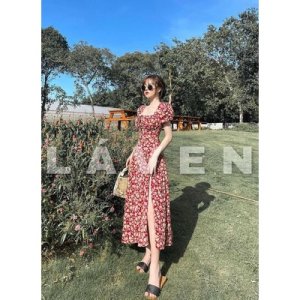 Váy hoa đỏ cúp ngực cổ nơ - Váy Hoa Nhí,Đầm Hoa Nhí Cao Cấp dáng dài nhún vai xẻ tà mặc tôn dáng Hàng Thiết Kế-2