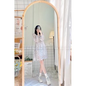 Váy hoa dài tay ulzzang kèm đai Tia19. Đầm hoa nhí ulzzang dáng xoè (Ảnh thật)-6