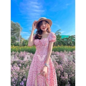 VN634 - VÁY HOA HỒNG NHÍ RÚT DÂY NGỰC XẺ TÀ-3