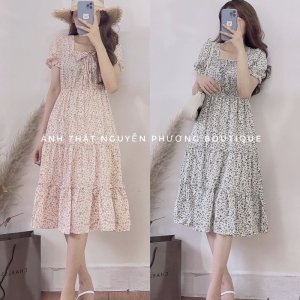 Váy hoa nhí vintage cổ bèo ba tầng đính nơ tiểu thư phong cách Hàn Quốc-4