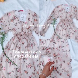 Váy Hoa ulzzang dáng dài cúc bọc voan tơ Quảng Châu Đầm hoa nhí vintage dáng dài-5