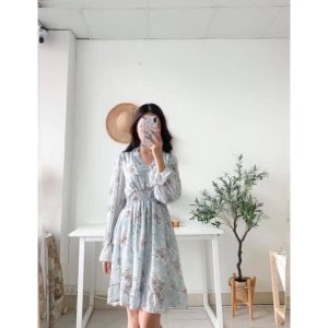 Váy hoa nhí Vintage đuôi cá dài tay có chun eo-2