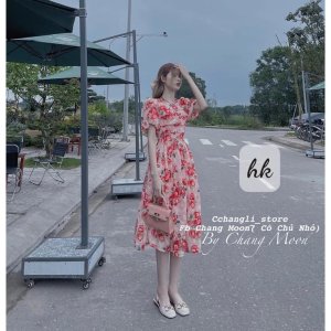 Váy hoa đỏ xếp ly ngực màu mới hot hit 2022 tay bồng siêu xinh-3