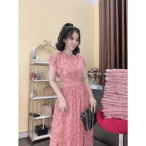 Váy hoa hồng cánh tiên dáng dài xòe đai eo-4