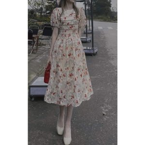 Đầm hoa thiết kế tay bồng dáng xòe vuốt ly chất tơ ép đẹp 2 lớp - 145-2