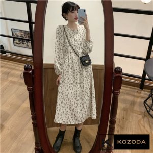 Váy babydoll dáng dài đầm hoa nhí trắng đen hàn quốc dài tay vintage tiểu thư đẹp kozoda D9-5