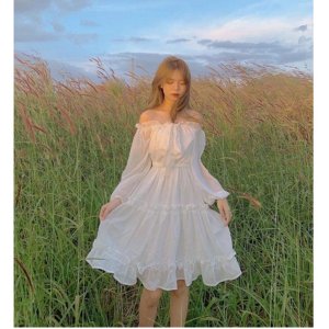 Váy babydoll, váy trắng trễ vai dáng dài hở lưng tay bồng đầm dự tiệc, mặc đi chơi, đi biển, siêu xinh, VAY002-8