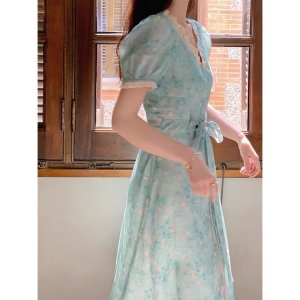 Đầm váy nữ hoa nhí dáng dài hai kiểu thắt eo cổ viền ren tiểu thư màu xanh cốm-4