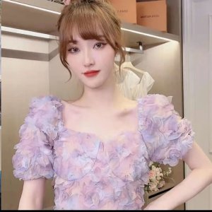 Đầm Tay Ngắn Màu Bạc Họa Tiết Hoa Oải Hương Thanh Lịch Thời Trang 2022-2