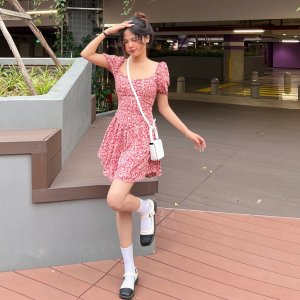 Váy hoa nhí cúp ngực cổ vuông tay phồng dáng xoè ngắn tiểu thư vintage xixeoshop - v110-6