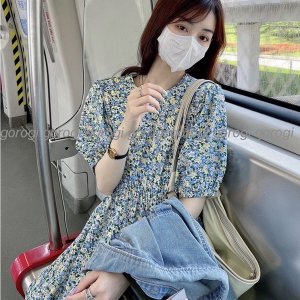 Váy hoa nhí dáng dài dự tiệc xinh bigsize nữ bánh bèo Gorogi, đầm hoa nhí dài dự tiệc tay phồng ulzzang-3