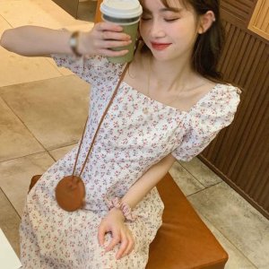 Váy Đầm Tay Ngắn Cổ Vuông Họa Tiết Hoa Xinh Xắn Cho Nữ-6