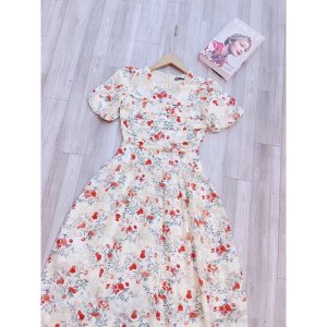 Váy thiết kế hoa vintage tay ngắn ly ngực dáng xòe dài tiểu thư sang chảnh loại 1-9