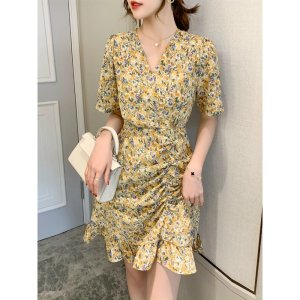 BONUCCI Đầm váy vàng hoa cổ V tôn dáng cho nàng thời trang nữ dạo phố dự tiệc-4