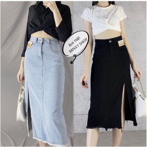 Chân váy Jean dài dáng cv bò jeans chữ A xẻ tà ,chân váy bò cạp cao phong cách Hàn Quôc-MINXY SHOP-2