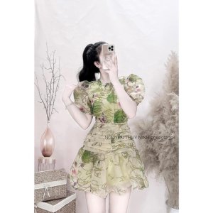 Váy hoa đuôi cá xếp li tay bồng dự tiệc sang trọng chất voan tơ V147 full size AĐ BOUTIQUE-2