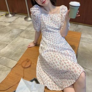 Váy Đầm Tay Ngắn Cổ Vuông Họa Tiết Hoa Xinh Xắn Cho Nữ-5