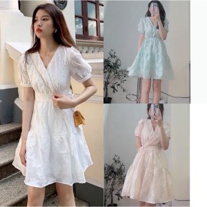 💕 Váy cổ tim thắt eo hoạ tiết hoa in nổi tay bồng siêu xinh 💕-1