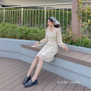 Váy hoa nhí voan, đầm nơ cổ khoét ngực dáng xoè Hàn Quốc xixeoshop - v85-7