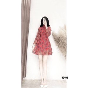 Váy thiết kế tơ hoa cổ bèo tay dài dáng xòe hàng hai lớp tiểu thư sang chảnh-3