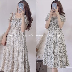 Váy hoa nhí vintage cổ bèo ba tầng đính nơ tiểu thư phong cách Hàn Quốc-5