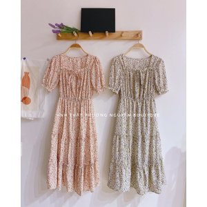 Váy hoa nhí vintage cổ bèo ba tầng đính nơ tiểu thư phong cách Hàn Quốc-7