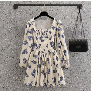 [ẢNH THẬT m ]Váy/ đầm dài tay hoa nhí cổ vuông dúm ngực dáng A bồng bềnh-5