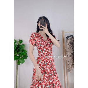 Váy hoa nhí đuôi cá dài qua gối vitage buộc dây CARLA_V12a-4