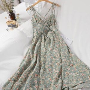 Váy hoa nhí 3 dây vintage. Đầm maxi chất liệu voan hở lưng gợi cảm-3