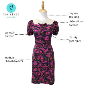 Váy hoa nhí MAISTYLE đầm body hoa nhí tay phồng cổ vuông trễ vai thiết kế đẹp dáng ngắn MY1113-2