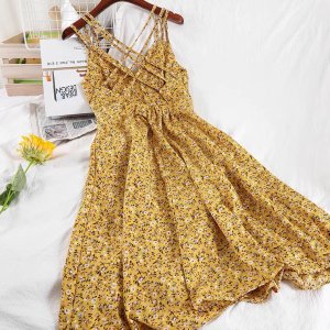 Váy hoa nhí 3 dây vintage. Đầm maxi chất liệu voan hở lưng gợi cảm-7