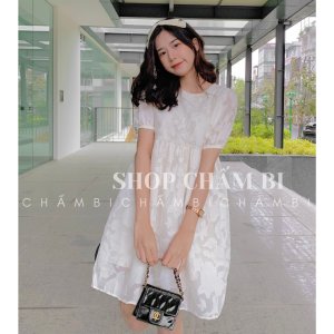 Váy kiểu Hàn Quốc V.097, Váy babydoll be 2 lớp cổ tròn tay phồng thắt nơ lưng họa tiết ren nổi cực xinh-7