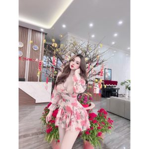 [CH31] Set Váy Hoa Voan Dáng Xòe Tầng Tay Dài Lưng Thun Phối Ren Chân Ngực - Vải Chiffon - 2 Màu Hồng, Xanh - ẢNH THẬT-3