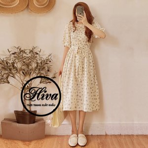 Váy trắng hoa nhí vintage body tay ngắn babydoll thiết kế , Đầm dự tiệc dây cột eo bản to-6