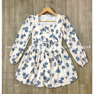 Đầm váy hoa xanh dài tay cổ vuông dúm viền ngực tôn dáng xòe bồng siêu xinh-8